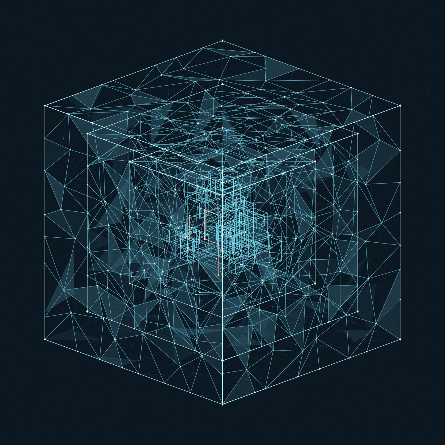 Three fine cyan mesh cubes surround connected business circuits with subtle coral security signals.