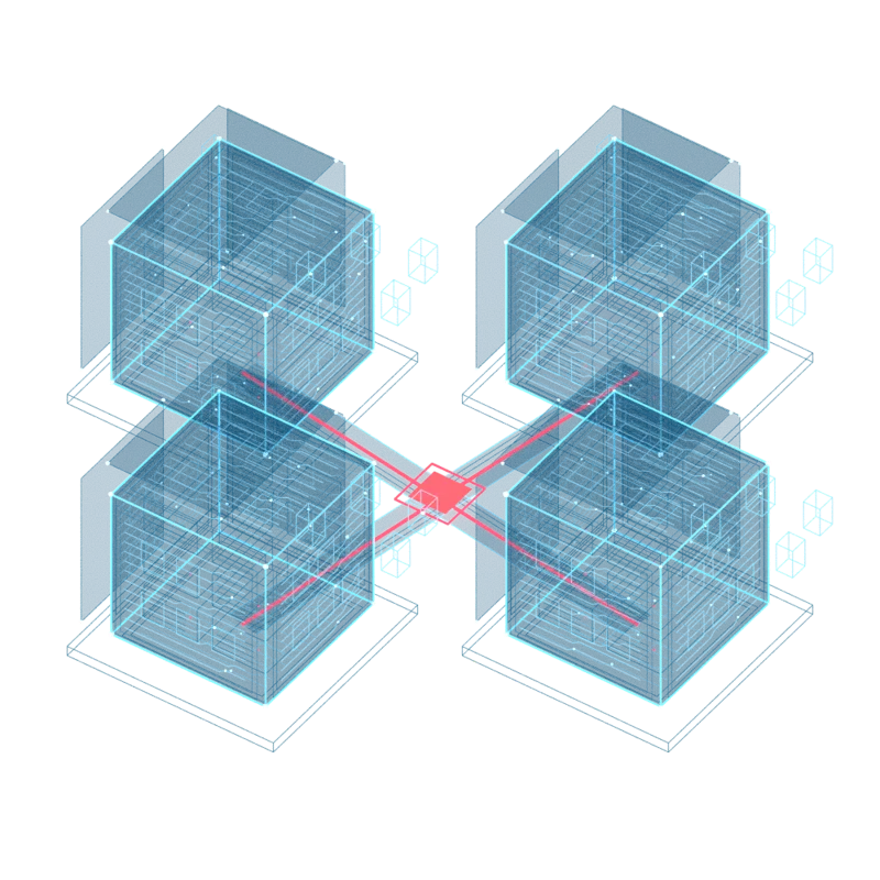 Four layered cyan business systems connect through red integration paths.